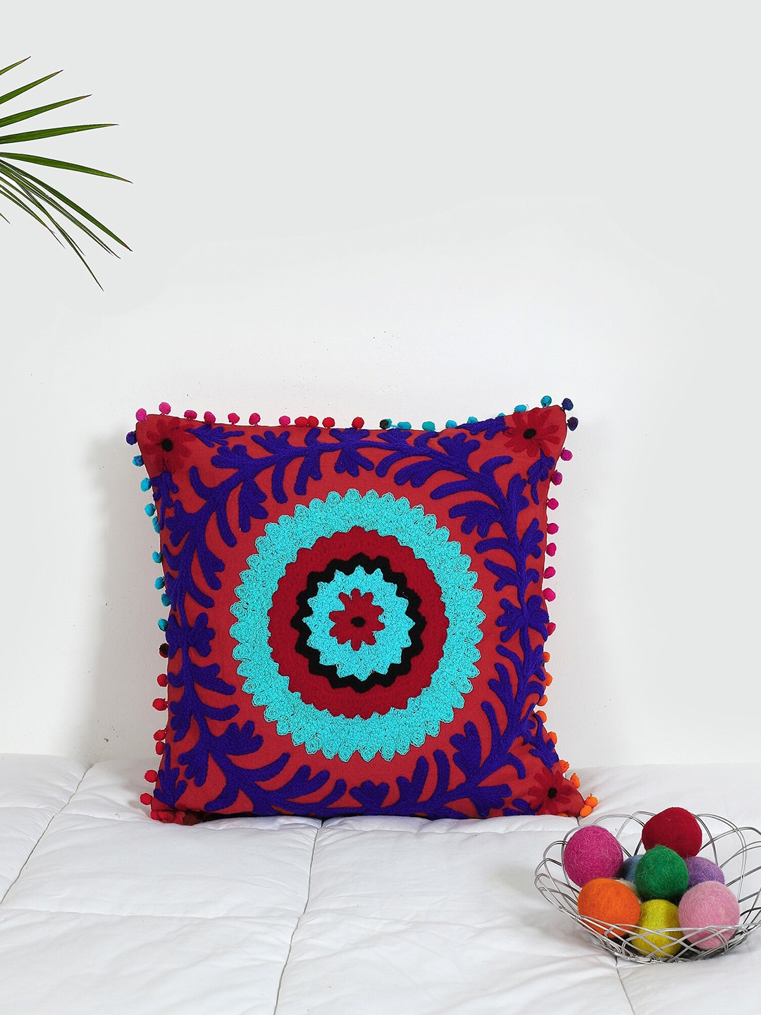 HANDICRAFT PALACE Red & Blue Embroidered Cotton Square Cushion Covers