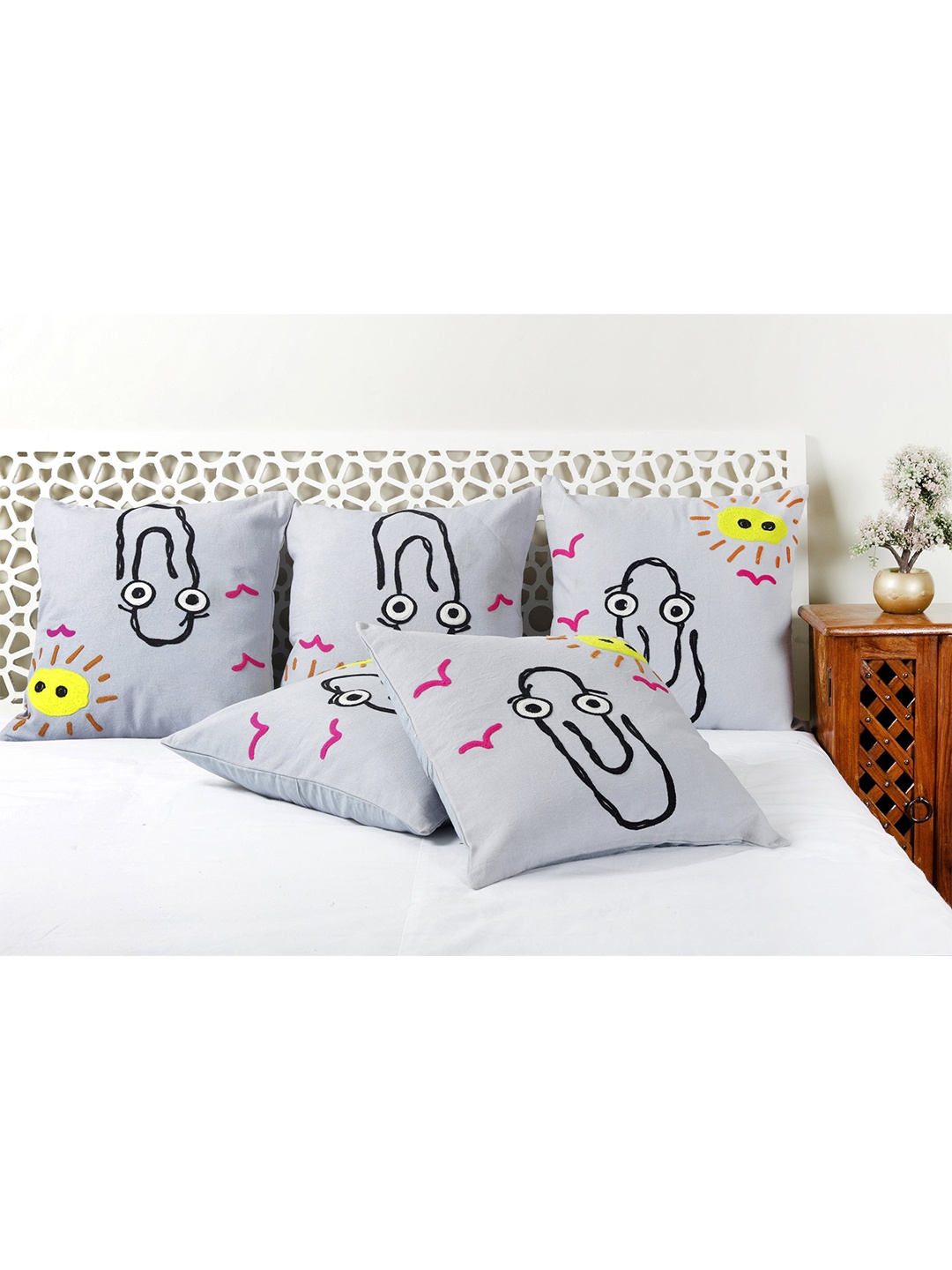 HANDICRAFT PALACE Grey Embroidered Square Cushion Cover