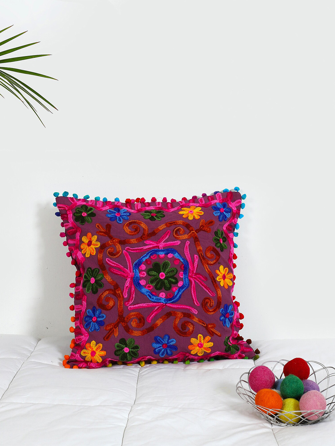 

HANDICRAFT PALACE Magenta & Blue Suzani Embroidered Cotton Square Cushion Cover