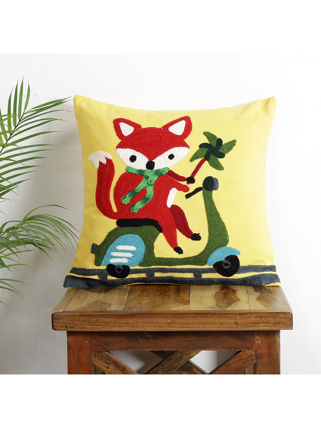 

HANDICRAFT PALACE Yellow & Brown Riding Fox Suzani Embroidered Cotton Square Cushion Cover