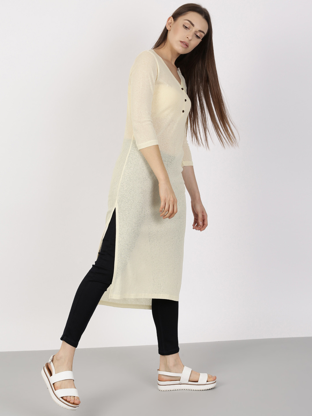 

ether Women Cream-Coloured Solid Sheer Long Top