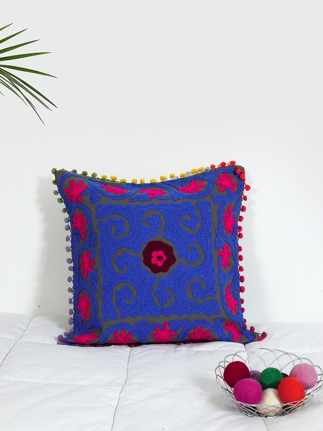 

HANDICRAFT PALACE Blue & Pink Embroidered Square Cotton Cushion Covers