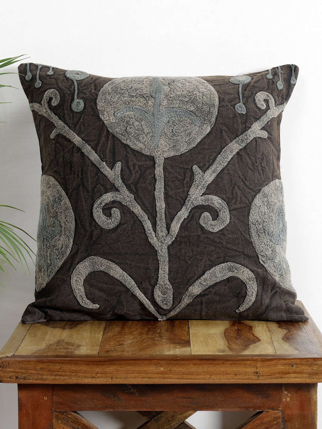 HANDICRAFT PALACE Brown & Grey Suzani Embroidered Cotton Square Cushion Cover