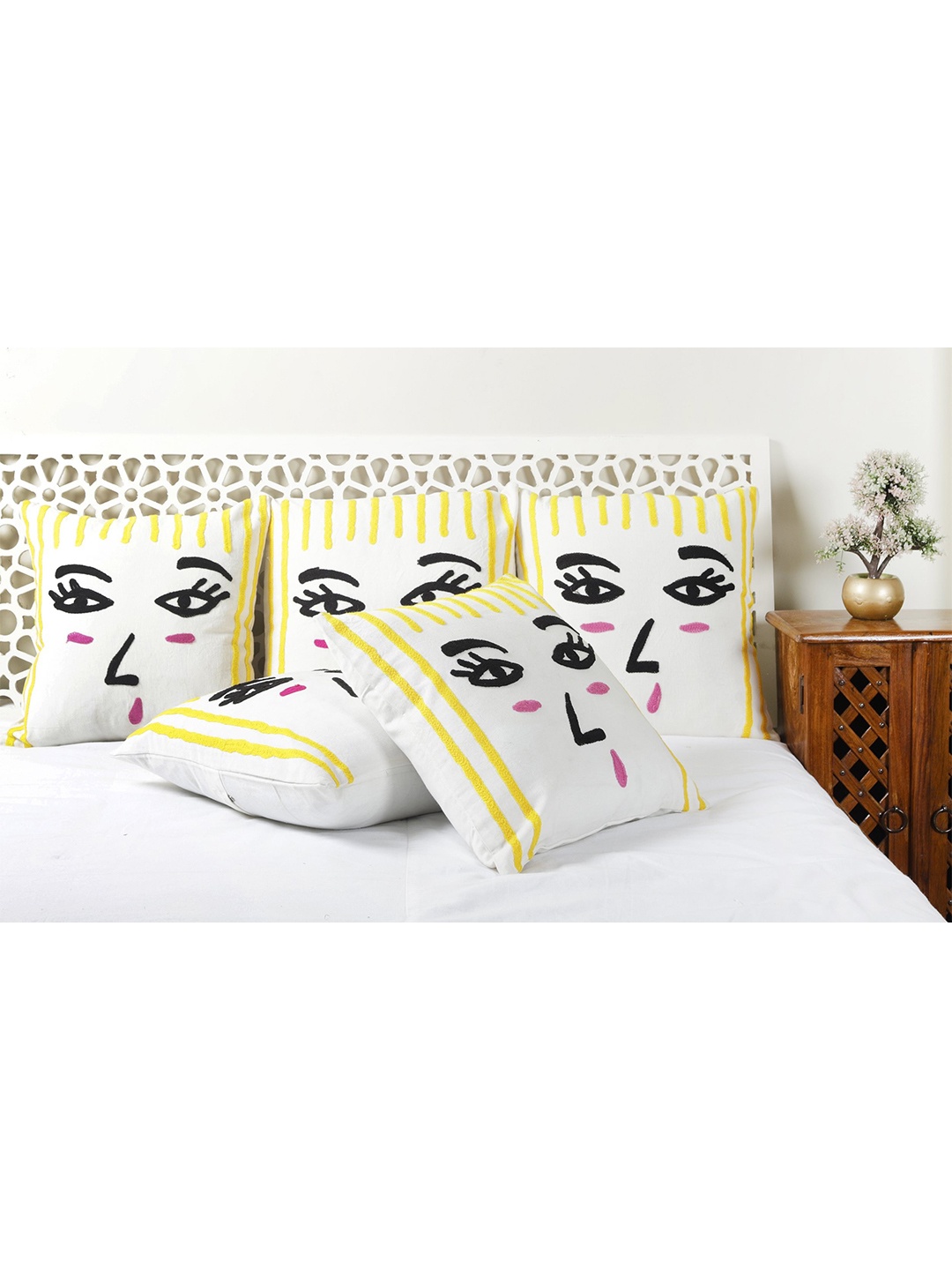 

HANDICRAFT PALACE White Set Of 1 Embroidered Square Cotton Cushion Covers