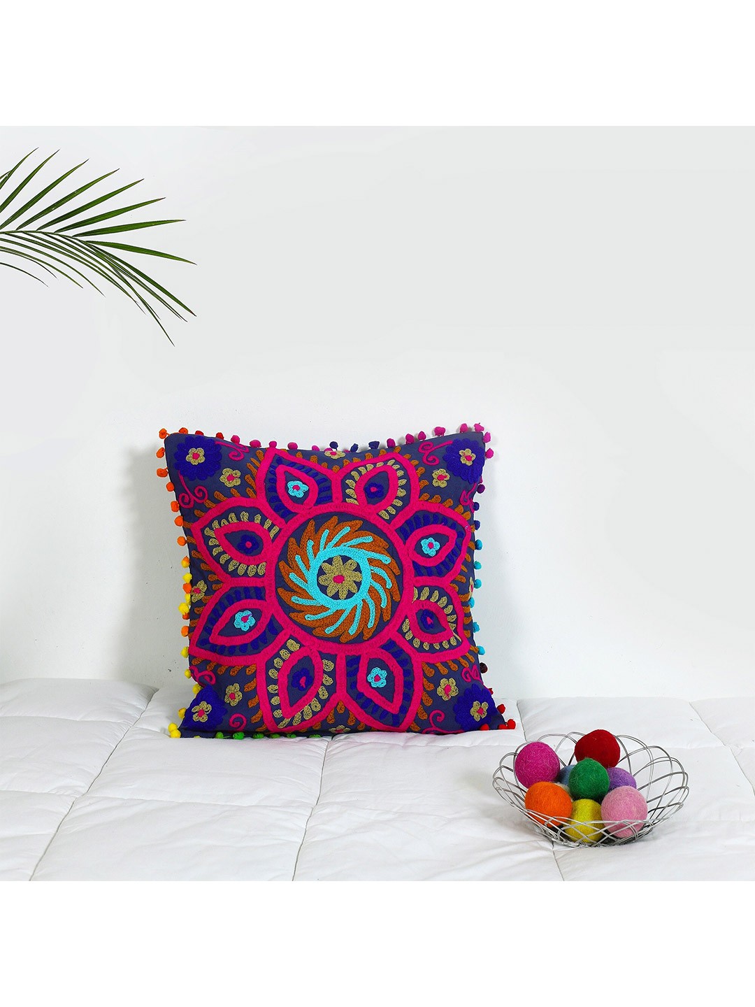

HANDICRAFT PALACE Blue & Red Embroidered Square Cushion Cover