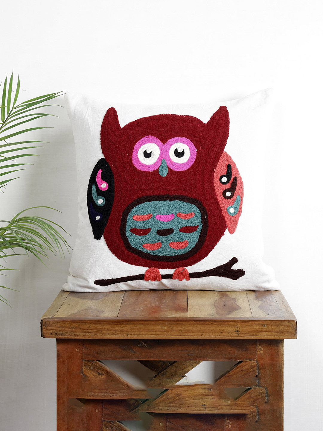 

HANDICRAFT PALACE White & Maroon Embroidered Square Cushion Cover