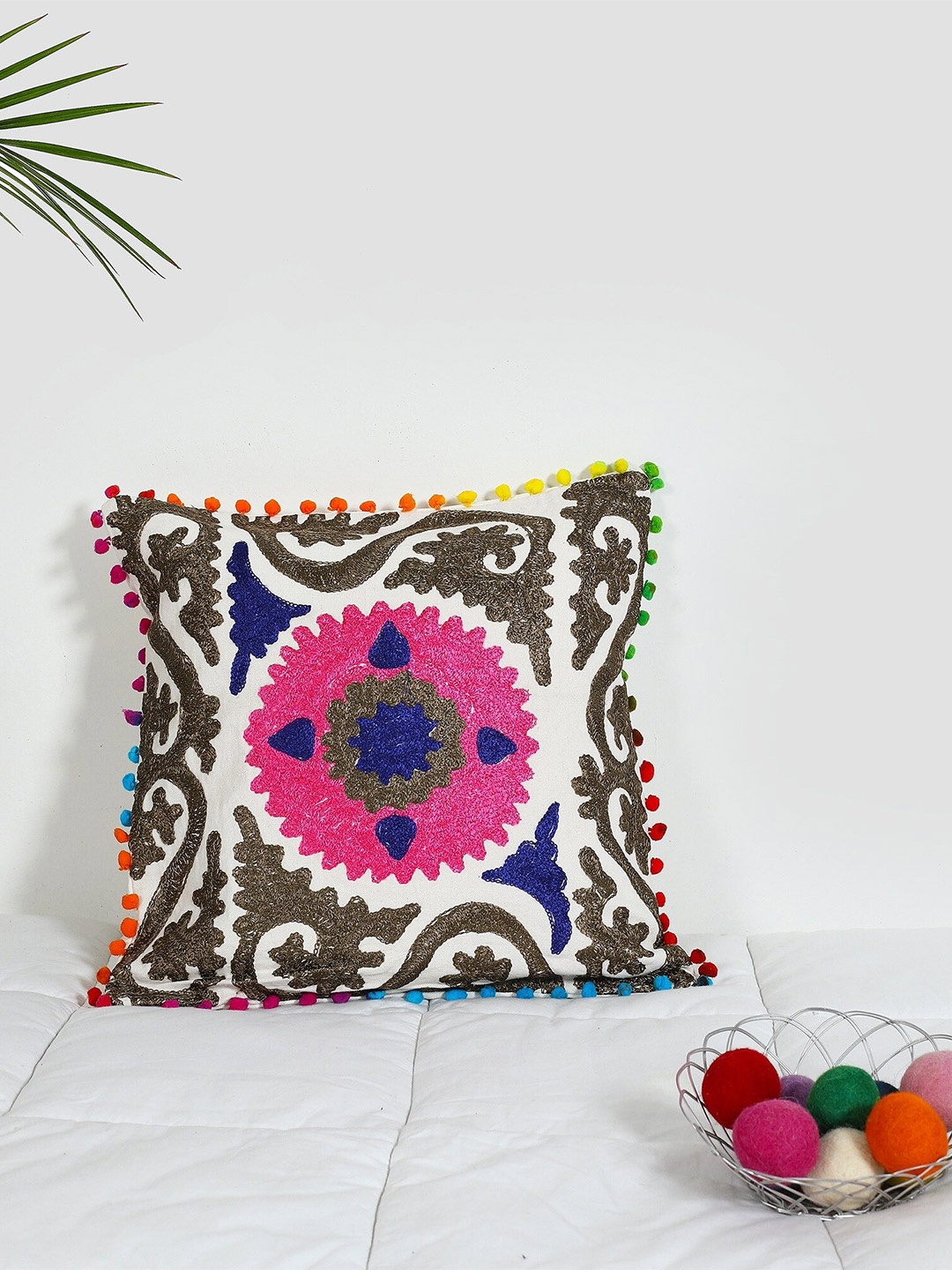 

HANDICRAFT PALACE White & Blue Embroidered Square Cushion Cover