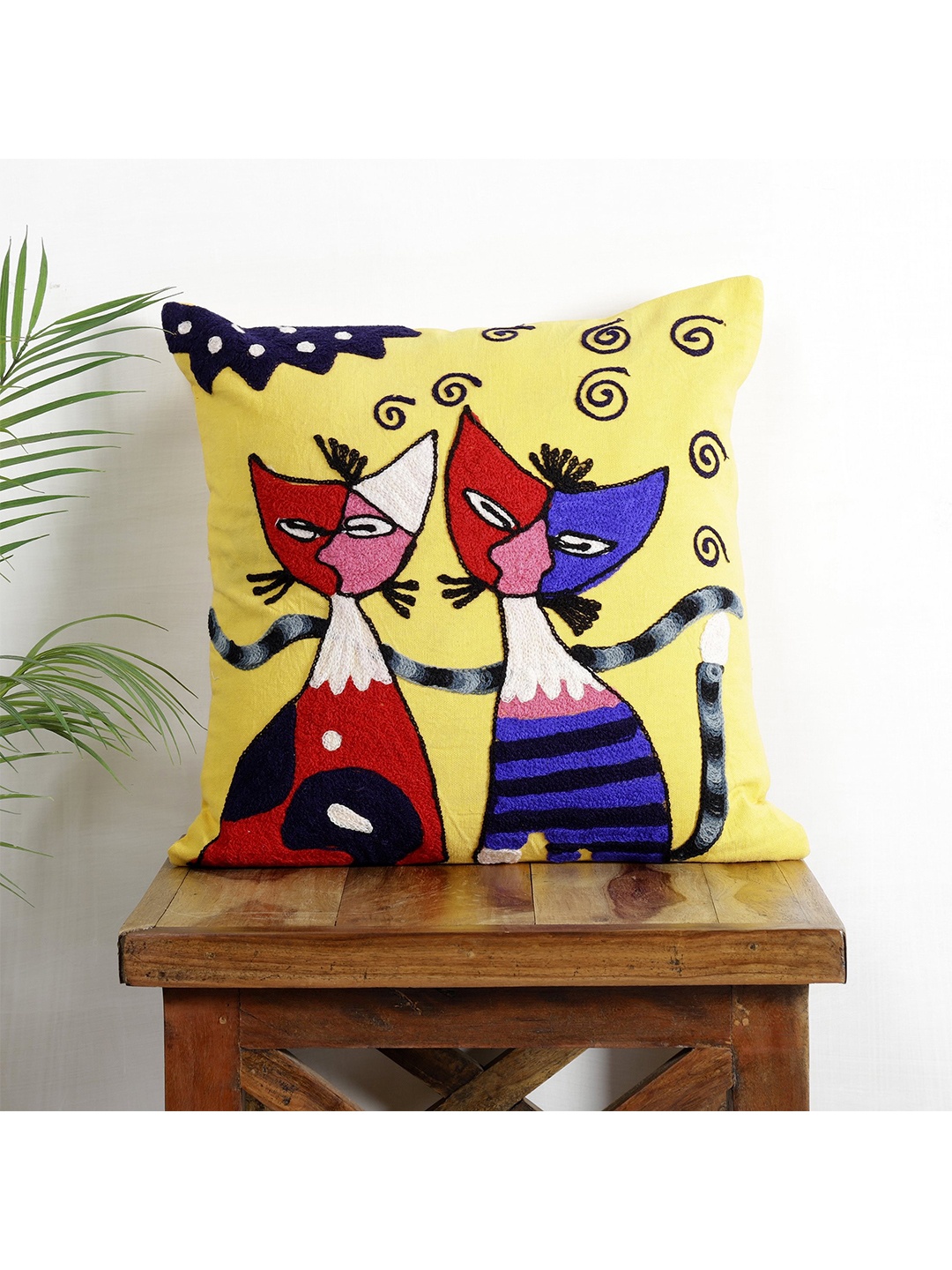 

HANDICRAFT PALACE Yellow & Blue Embroidered Square Cushion Cover