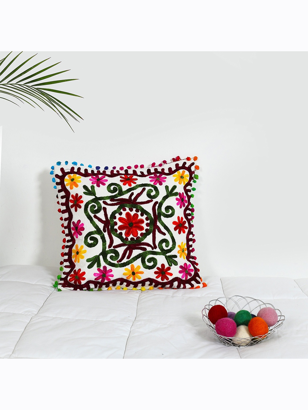 

HANDICRAFT PALACE White & Green Embroidered Square Cotton Cushion Covers
