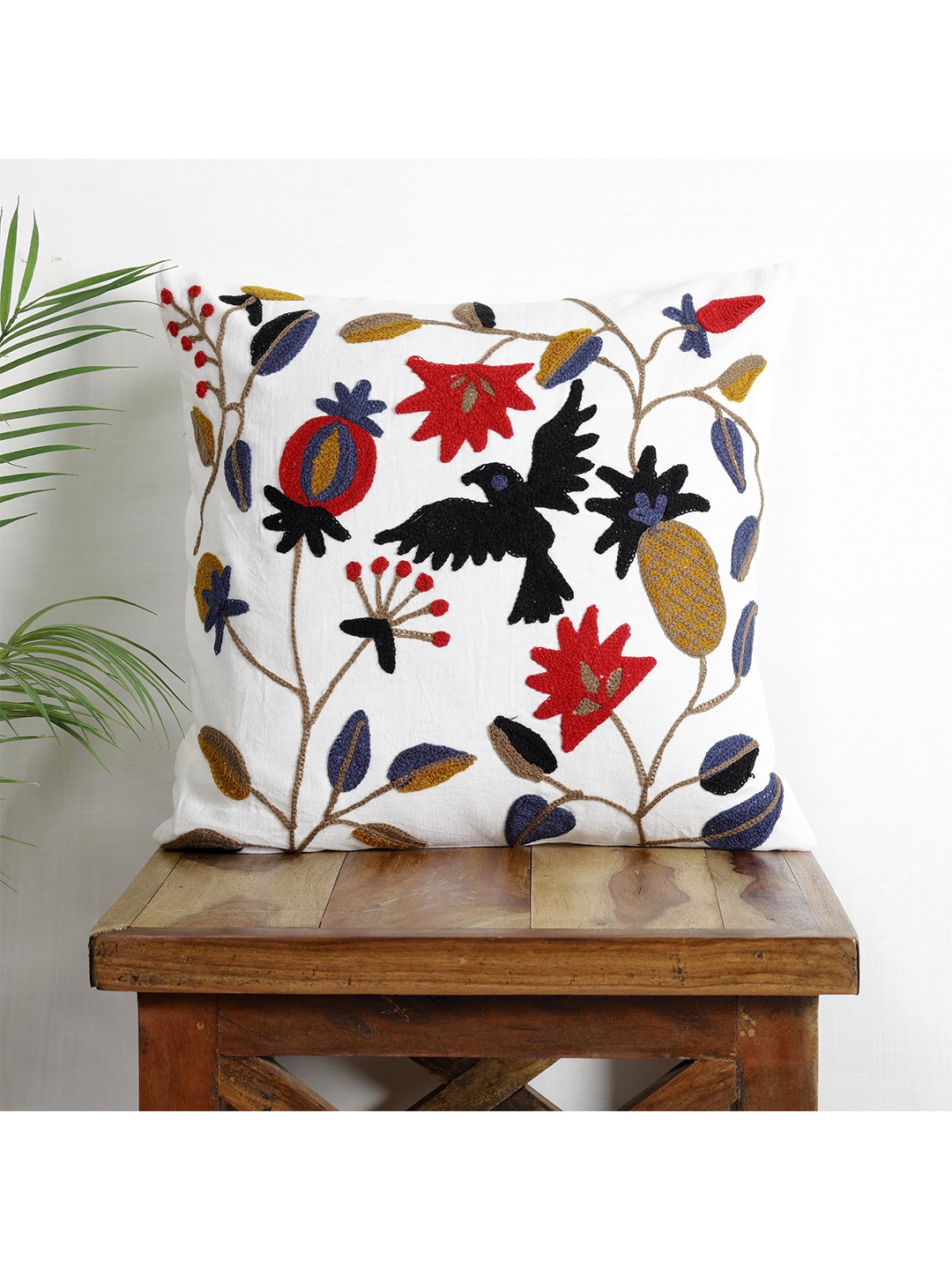 

HANDICRAFT PALACE White & Red Embroidered Square Cushion Cover