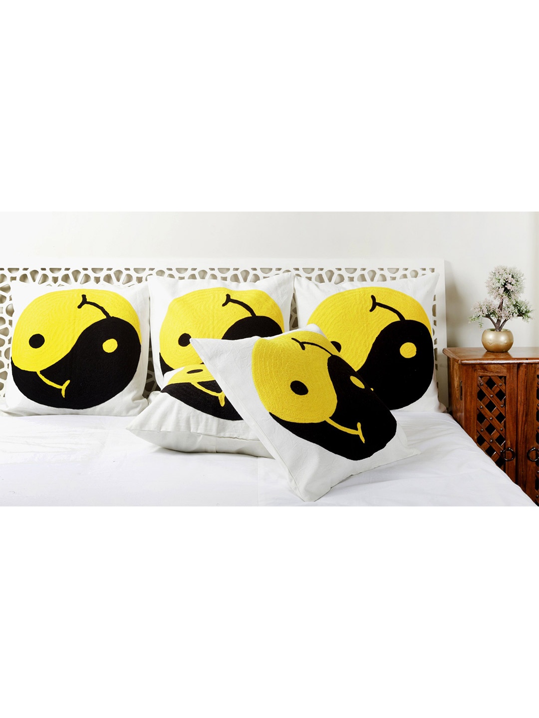 

HANDICRAFT PALACE White & Yellow Embroidered Square Cushion Cover