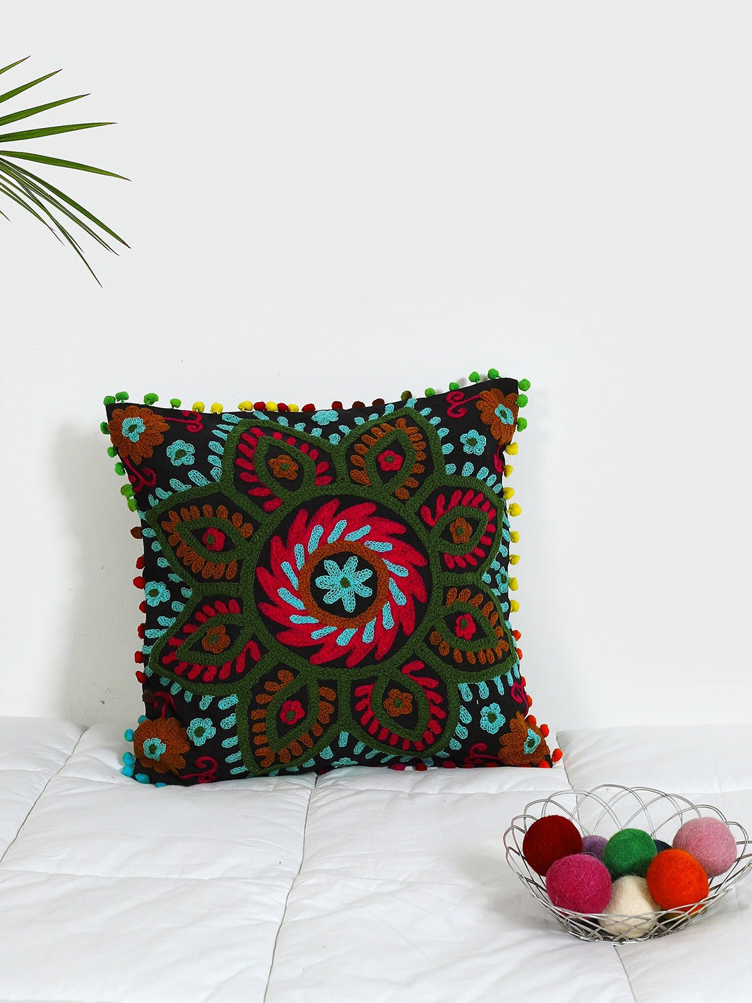 

HANDICRAFT PALACE Black & Green Embroidered Square Cotton Cushion Cover