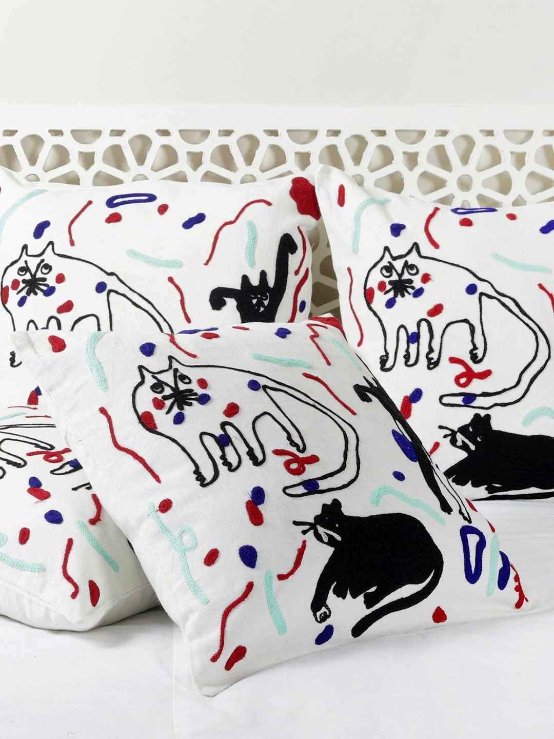 

HANDICRAFT PALACE White & Blue Embroidered Square Cushion Covers