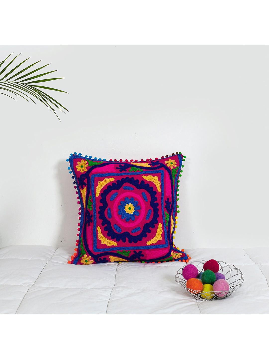 

HANDICRAFT PALACE Red & Green Embroidered Square Cushion Cover