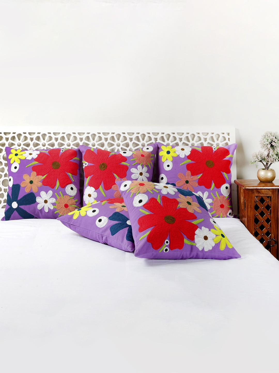 

HANDICRAFT PALACE Purple & Red Embroidered Square Cotton Cushion Cover