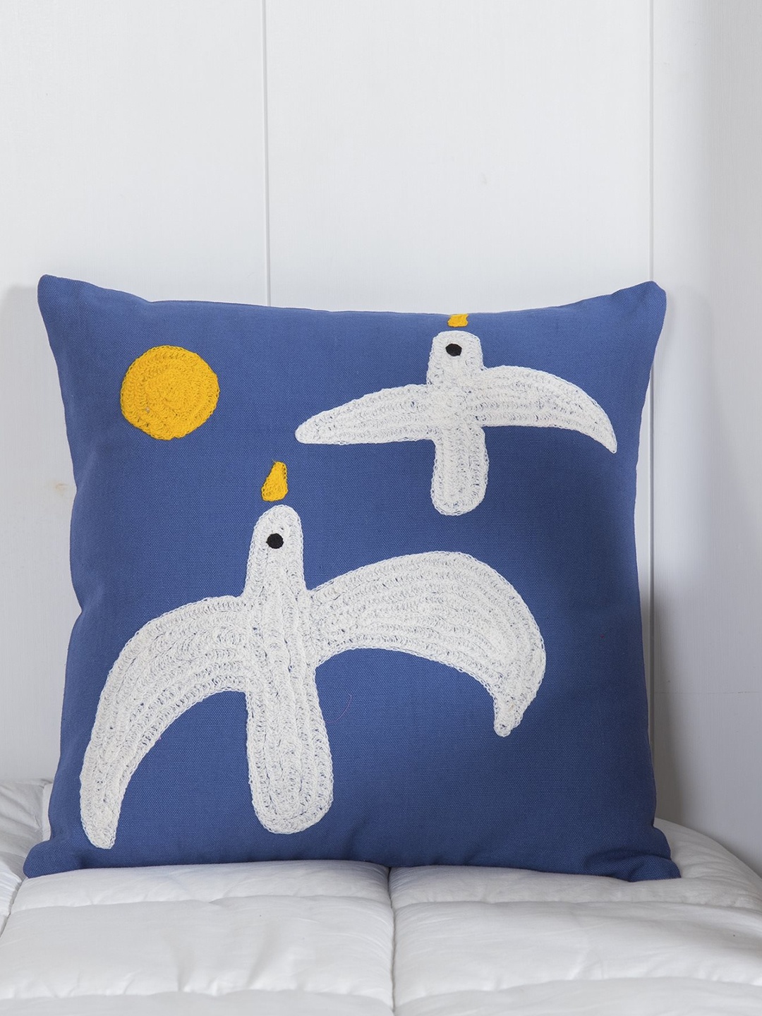 

HANDICRAFT PALACE Blue & White Suzani Embroidered Cotton Square Cushion Cover
