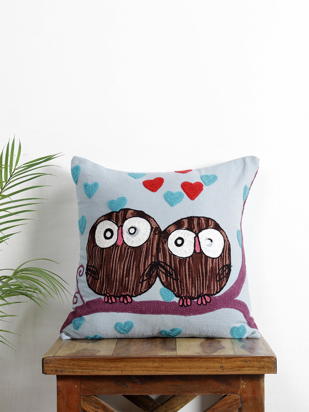 

HANDICRAFT PALACE Blue & Brown Owl Embroidered Square Cotton Cushion Cover