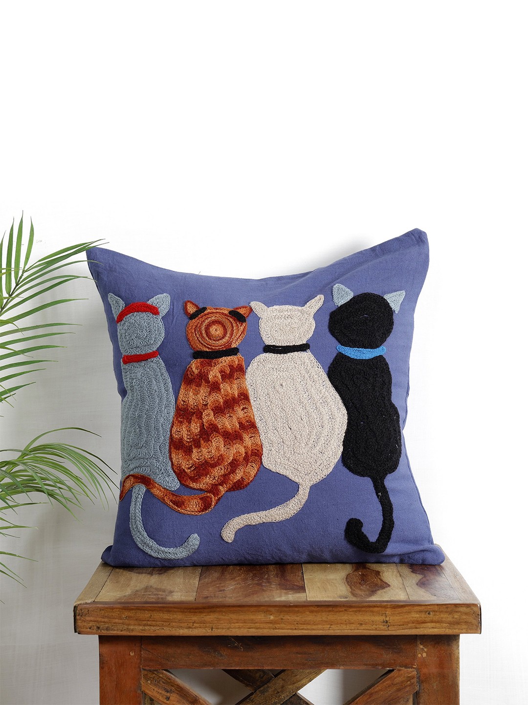 

HANDICRAFT PALACE Blue & Black Cat Embroidered Square Cushion Covers