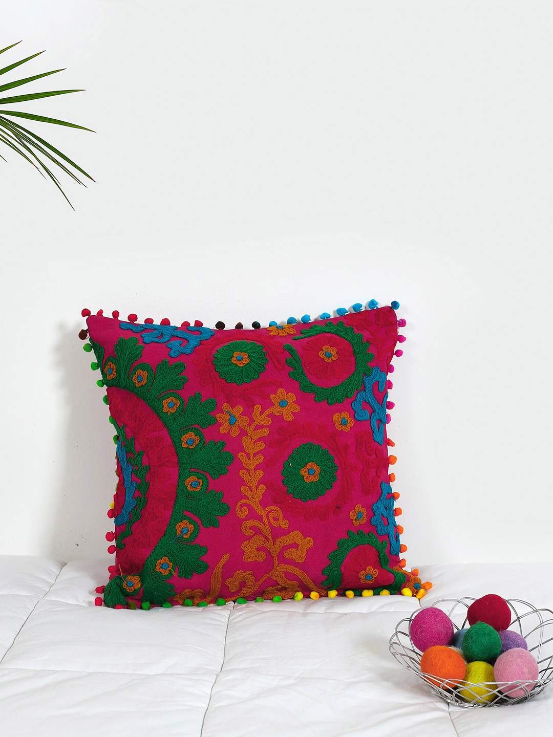 

HANDICRAFT PALACE Red & Green Embroidered Square Cotton Cushion Covers