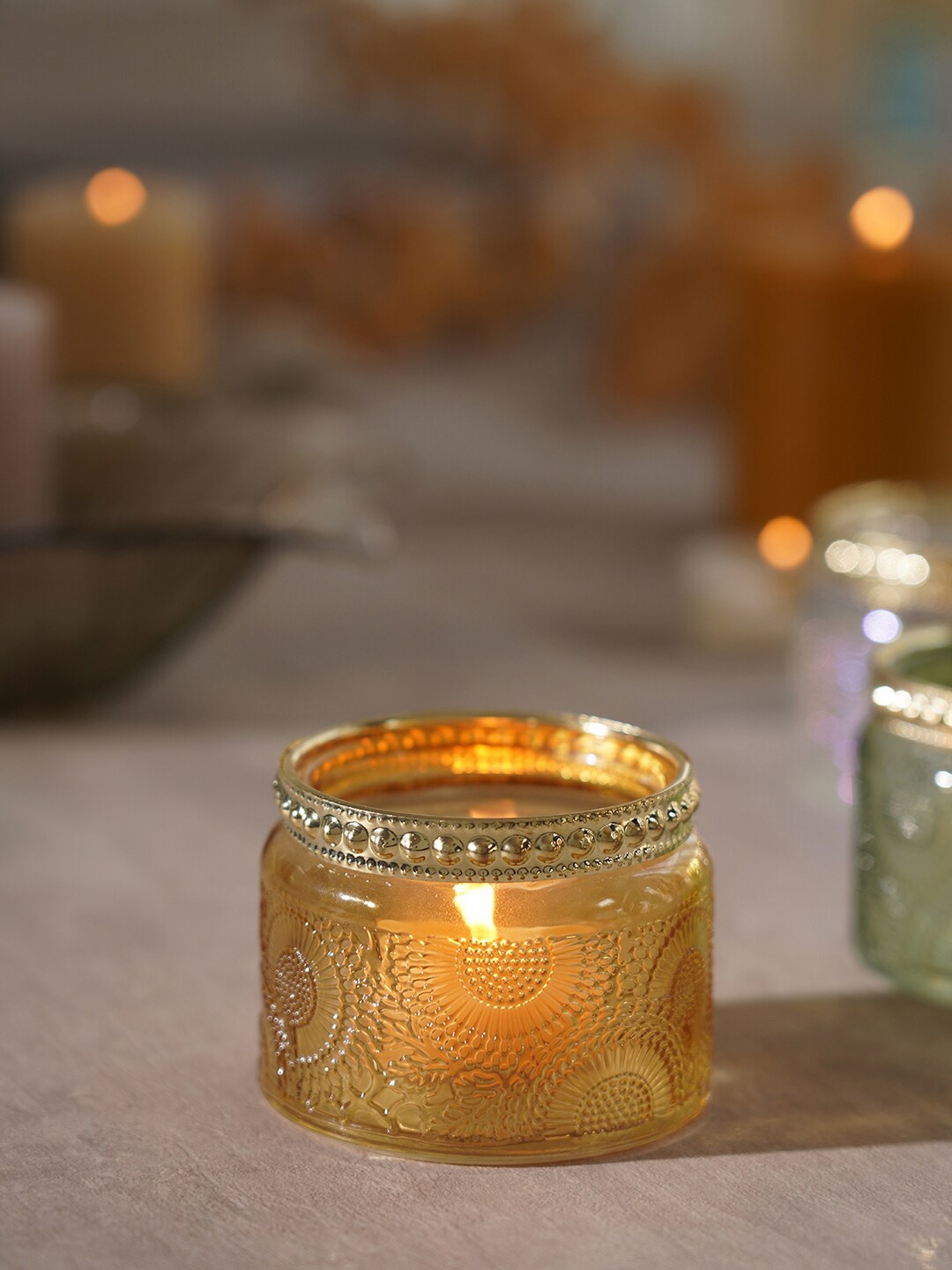 Pure Home and Living Set of 4 Beige & Gold Toned Marco Large Candle Holders