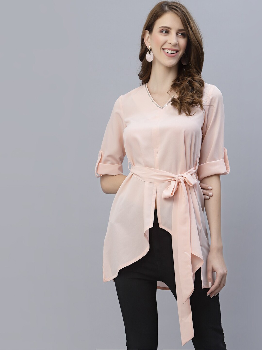 

RAASSIO Peach-Coloured Roll-Up Sleeves Crepe Longline Top