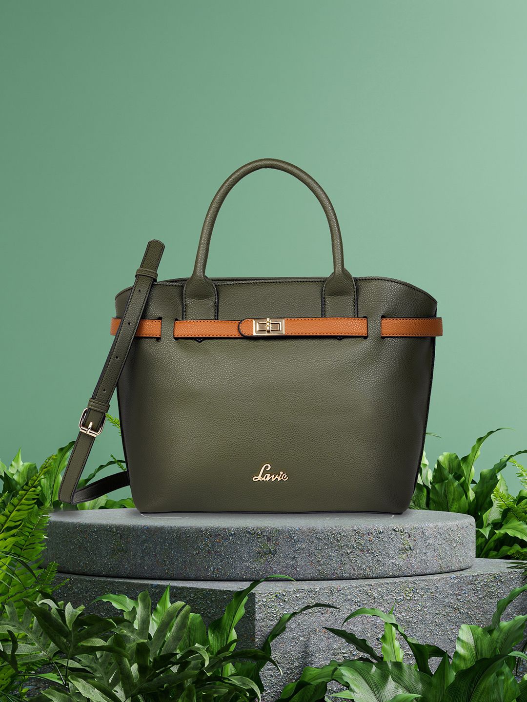 

Lavie Fallon Olive Green Solid Structured Handheld Bag