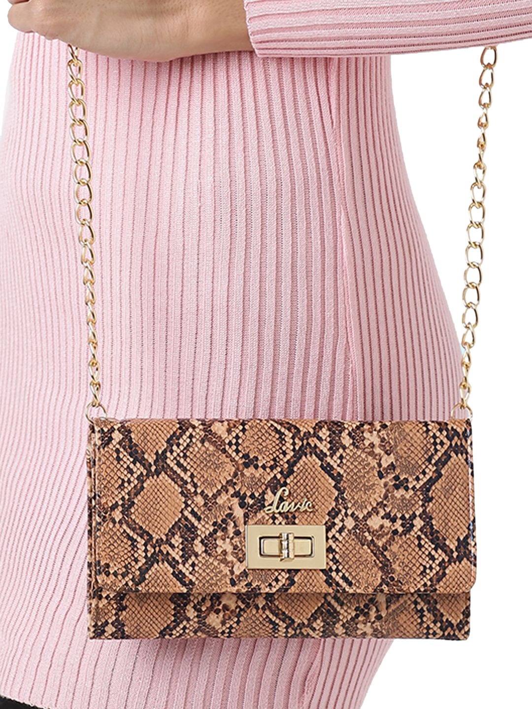 

Lavie Frappe Brown Animal Textured Structured Party Sling Bag