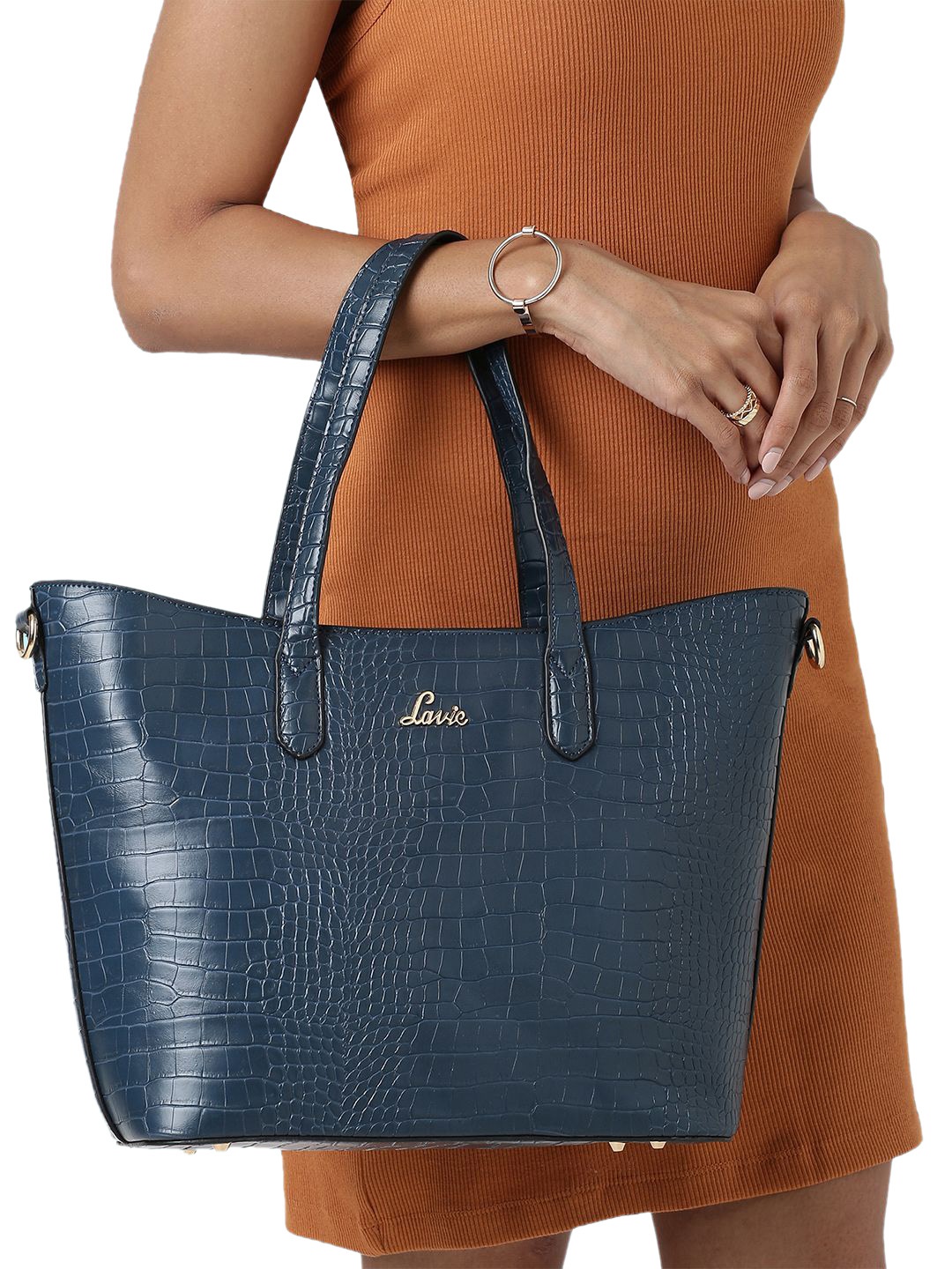 

Lavie Women Hailon Navy Blue Animal Textured Oversized Structured Tote Bag