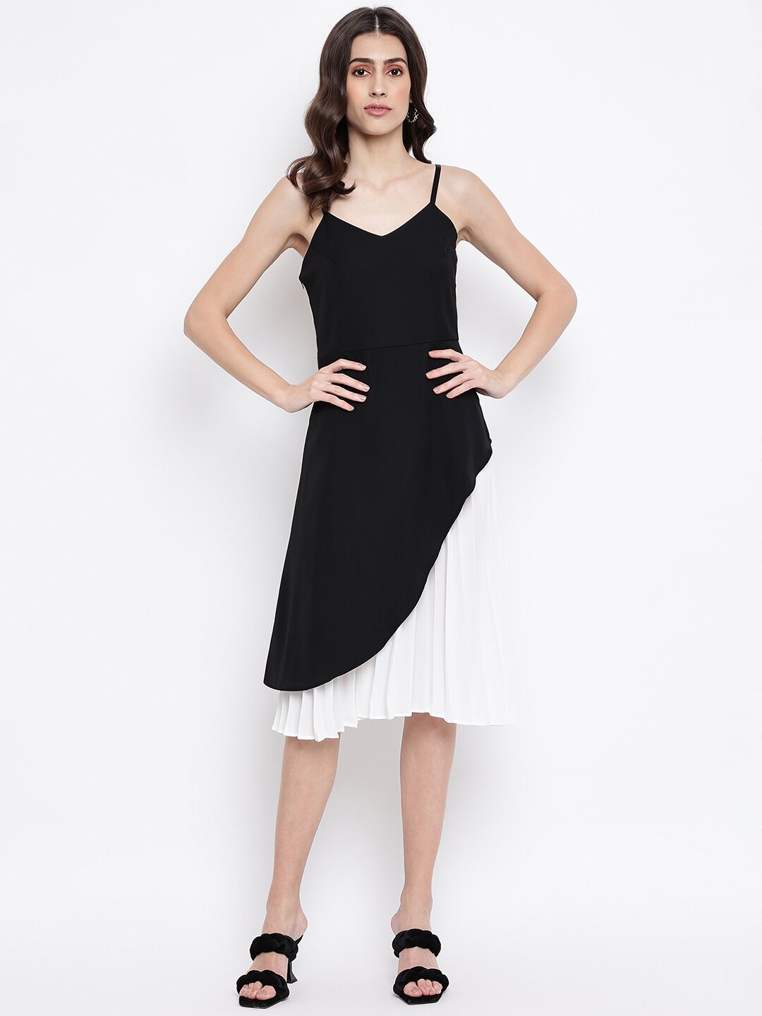 

iki chic Black & White Colourblocked Layered Georgette A-Line Dress