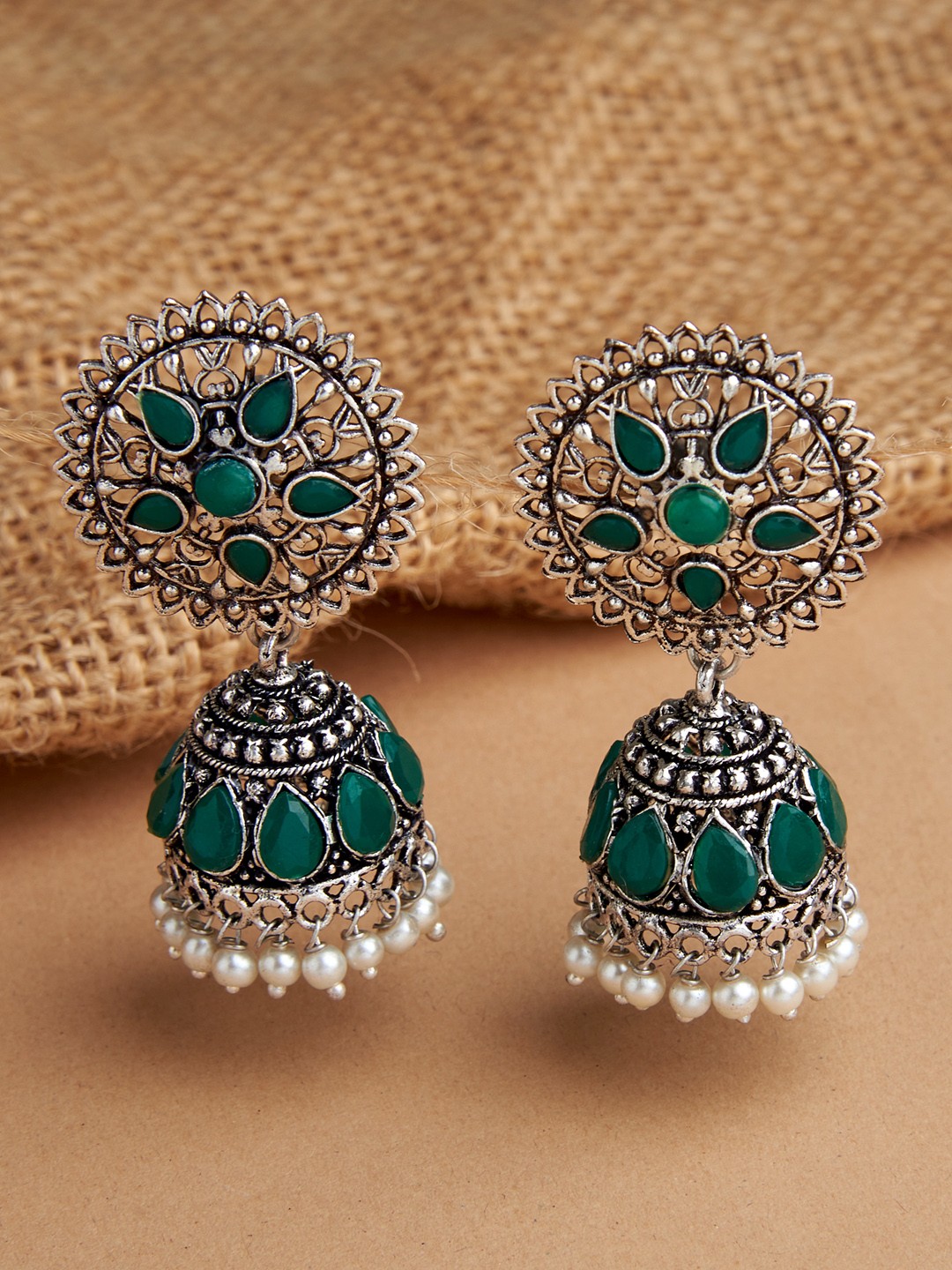 

Fida Silver-Toned Green & White Contemporary Jhumkas Earrings