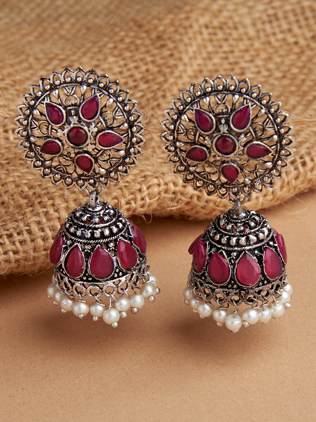 

Fida Silver-Plated & Pink Oxidised Circular Jhumkas