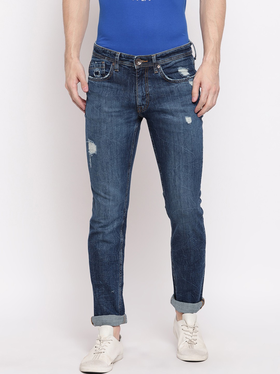 

Pepe Jeans Men Slim Fit Low-Rise Low Distress Light Fade Cotton Jeans, Blue