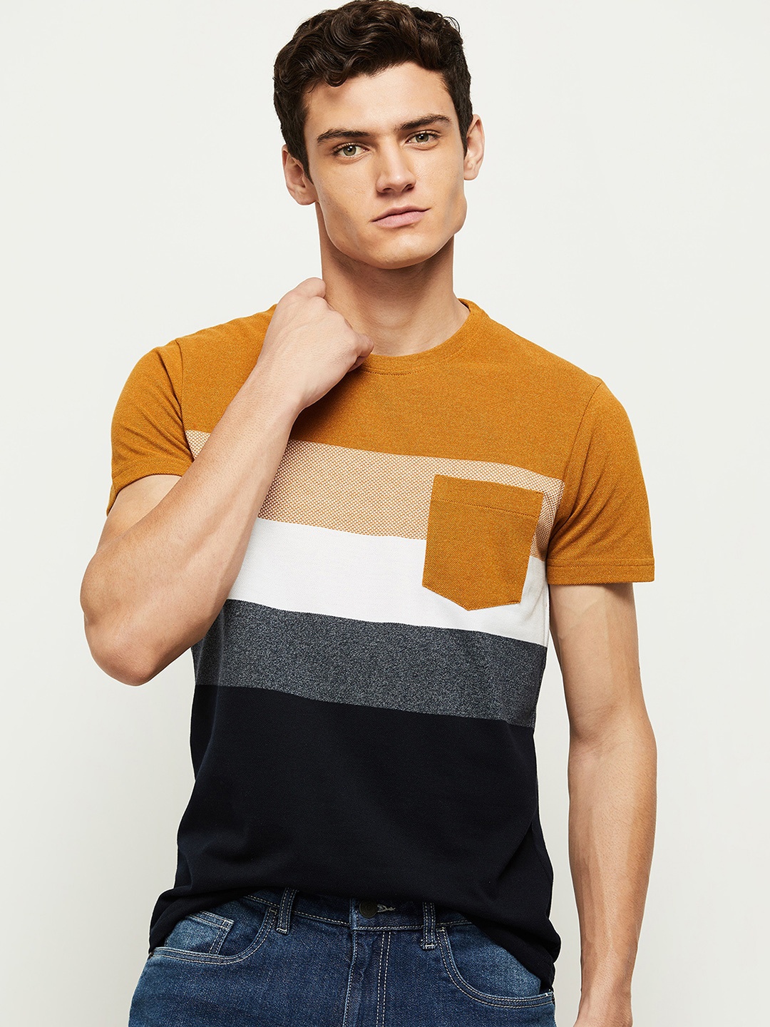 

max Men Mustard Yellow & Black Striped T-shirt