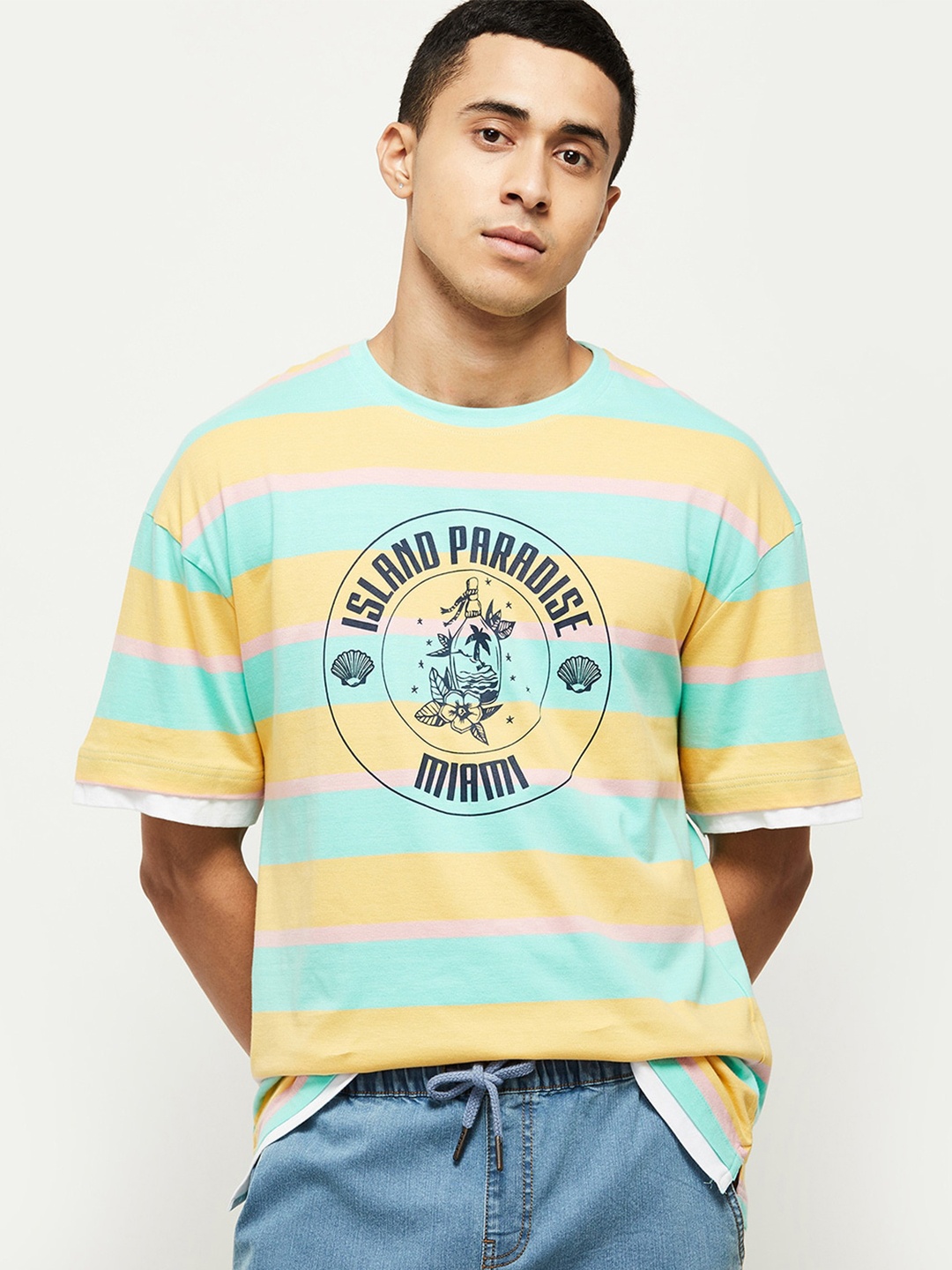 

max Men Green & Yellow Striped Cotton T-shirt