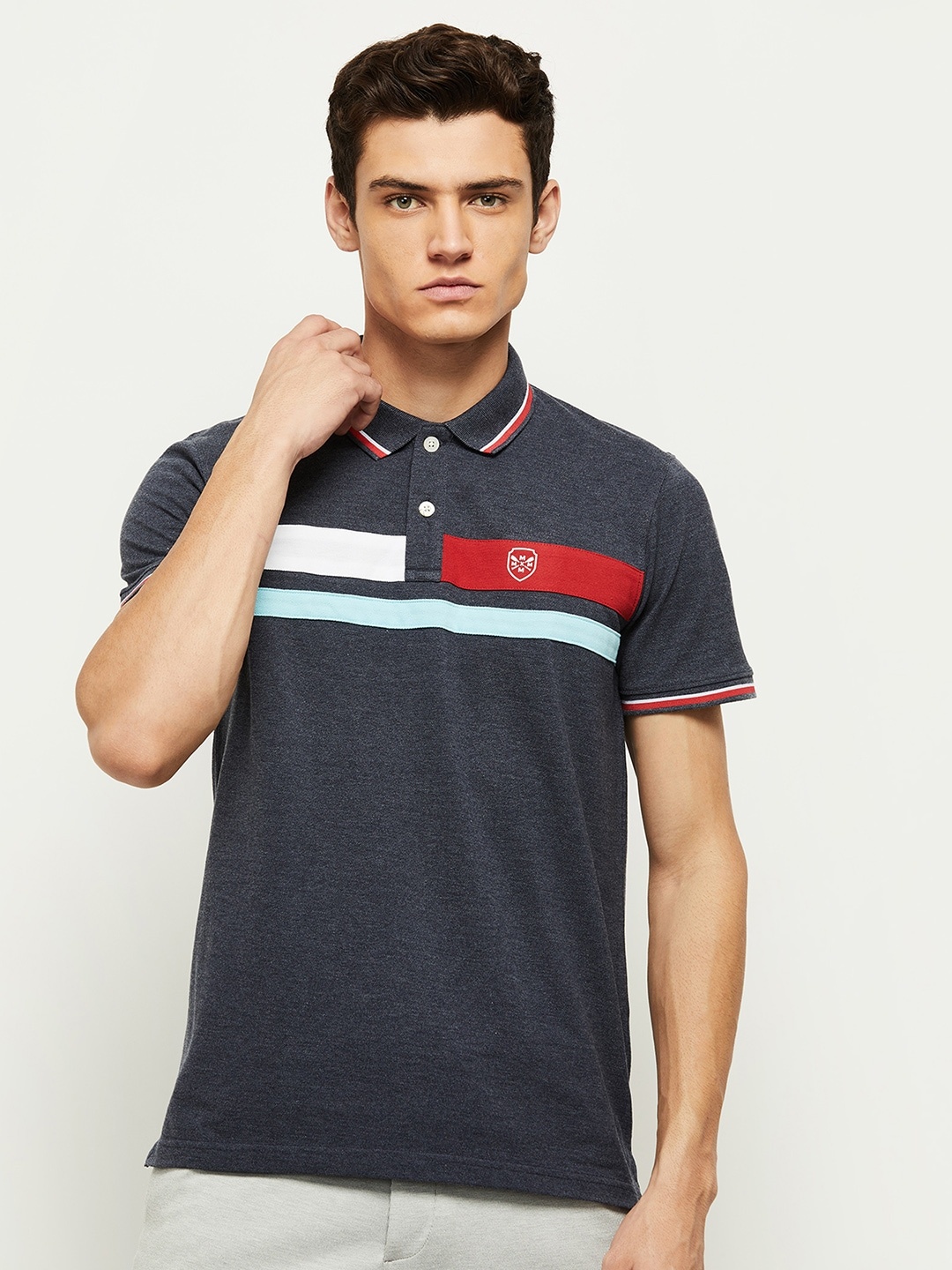 

Max Men Navy Blue Striped Polo Collar T-shirt