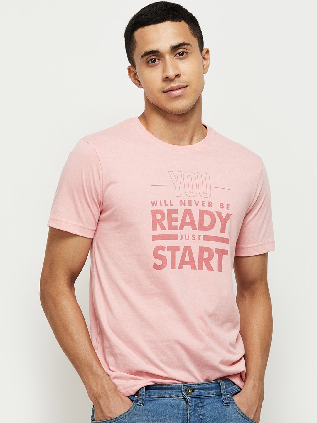 

max Men Pink Typography Printed T-shirt