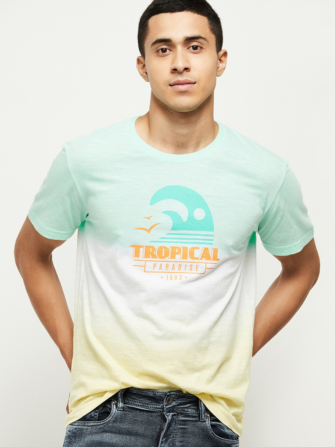 

max Men Green & Yellow Printed T-shirt