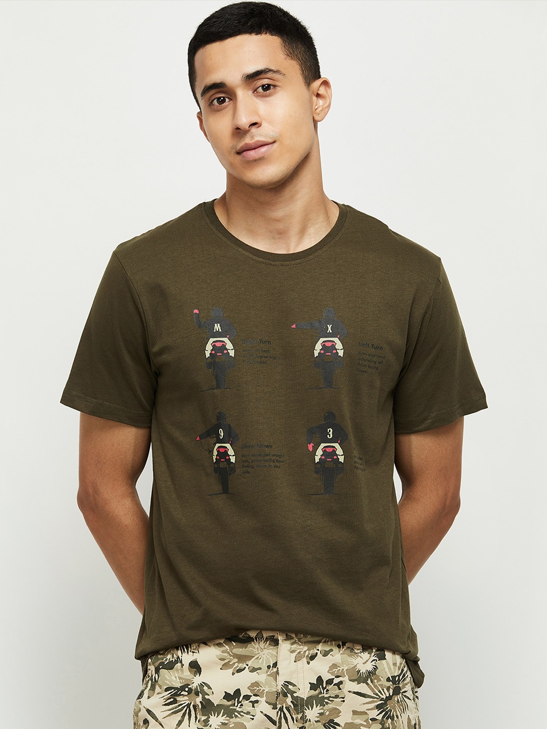 

max Men Olive Green & Black Biker Printed Pure Cotton T-shirt