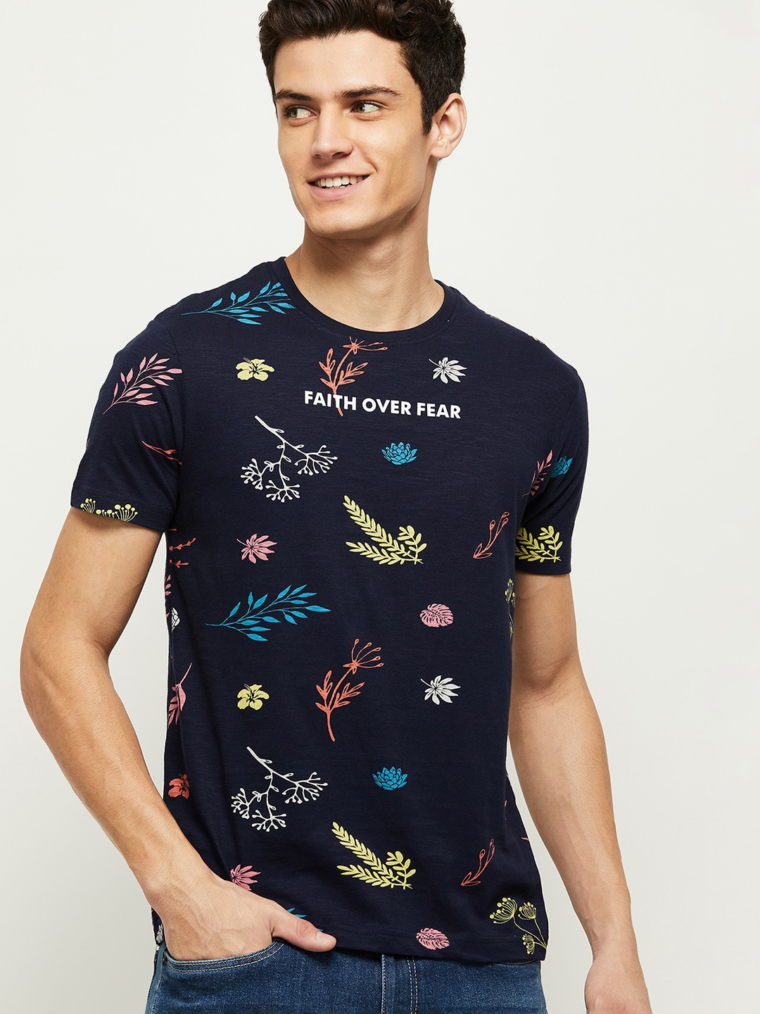 

max Men Navy Blue Printed Cotton T-shirt