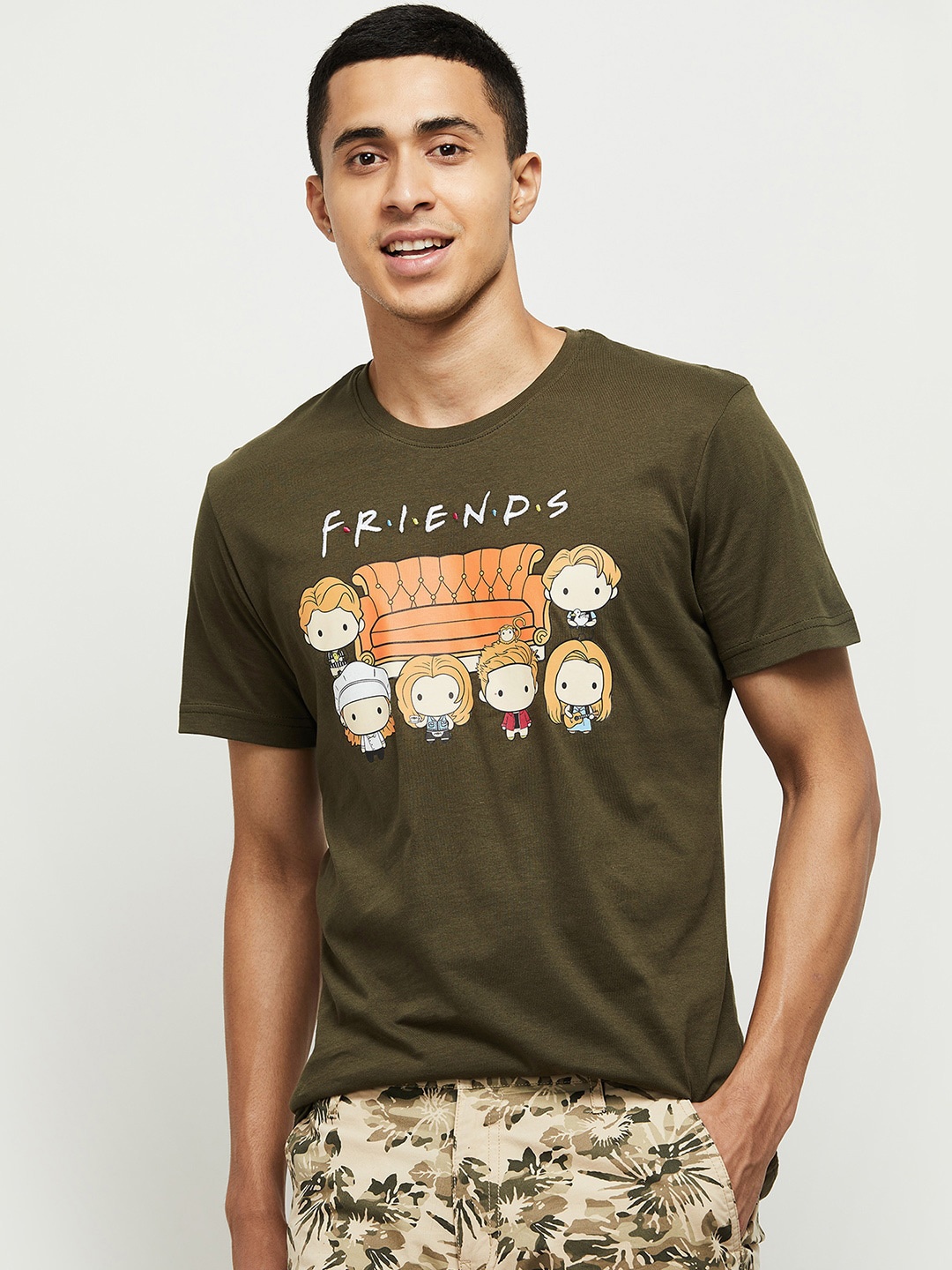 

max Men Olive Green Typography Printed Applique T-shirt