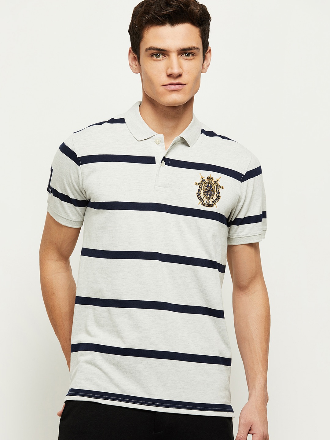 

max Men Grey & Black Striped Polo Collar T-shirt