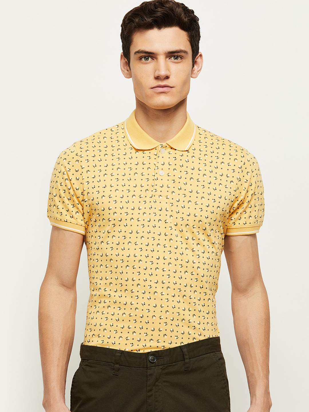 max Men Yellow Floral Printed Polo Collar T-shirt