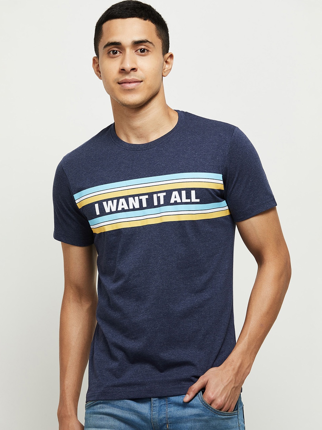 max Men's Navy Blue Typography Printed Applique T-shirt