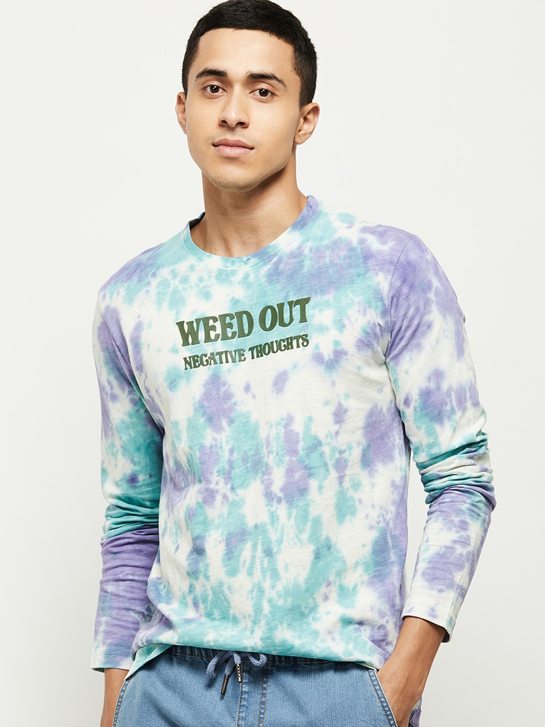 

max Men White & Purple Tie and Dye Cotton T-shirt