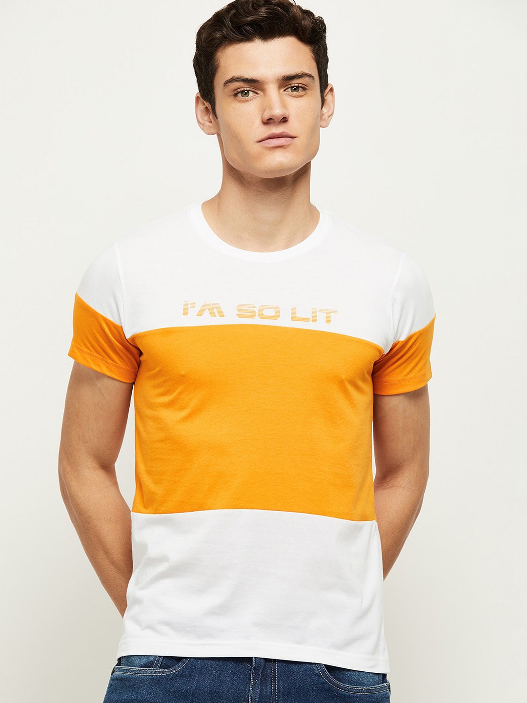 

max Men White & Orange Typography Colourblocked T-shirt