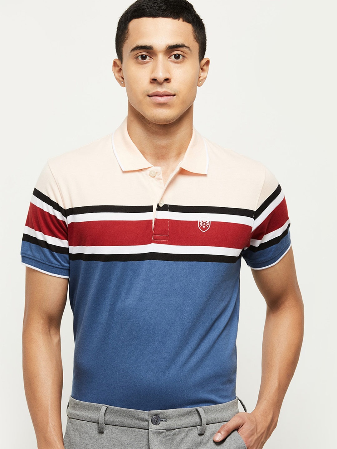 

max Men Pink Striped Polo Collar T-shirt