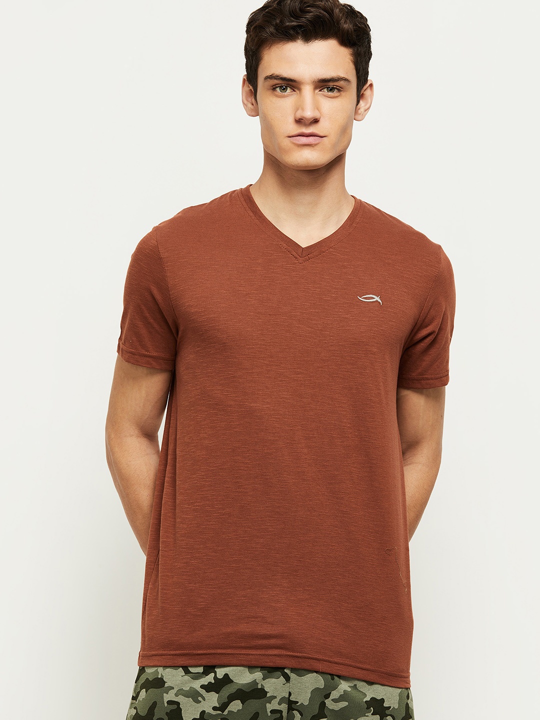 

max Men Brown V-Neck Regular Fit T-shirt