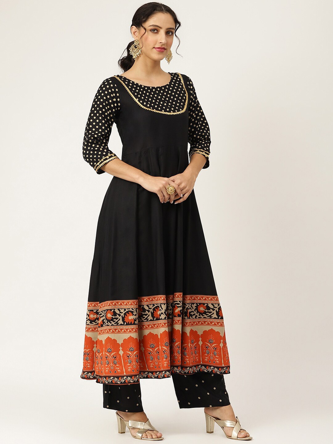 

Rustorange Women Black Ethnic Motifs Printed Panelled Kurta with Palazzos & With Dupatta