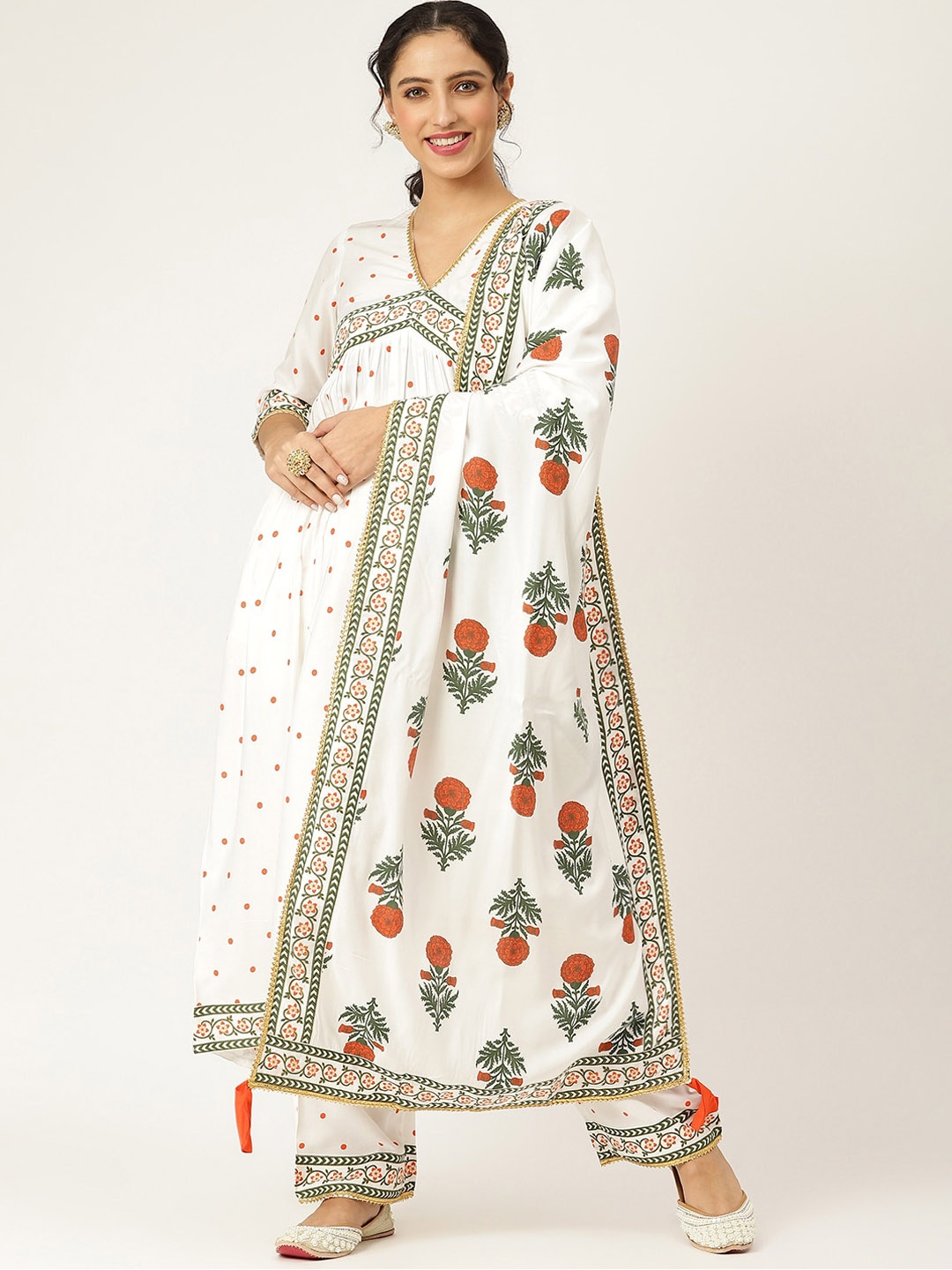 

Rustorange Women Off White Floral Printed Empire Kurti with Palazzos With Dupatta