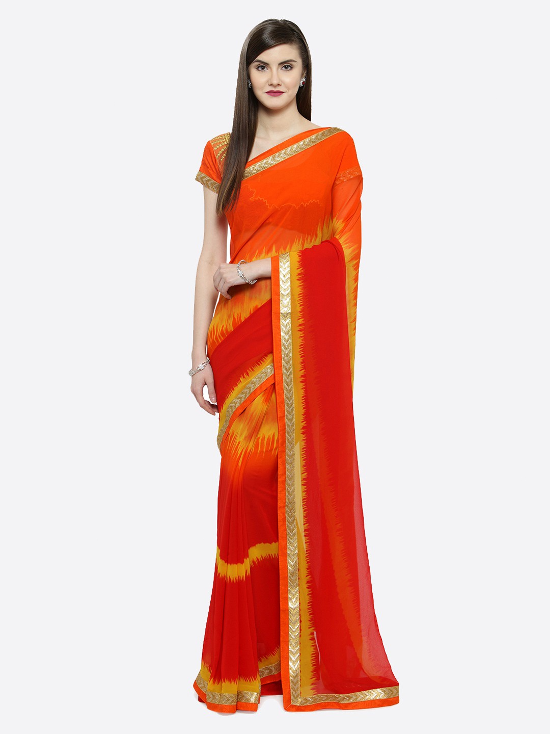 

Shaily Red & Gold-Toned Printed Embroidered Pure Georgette Saree